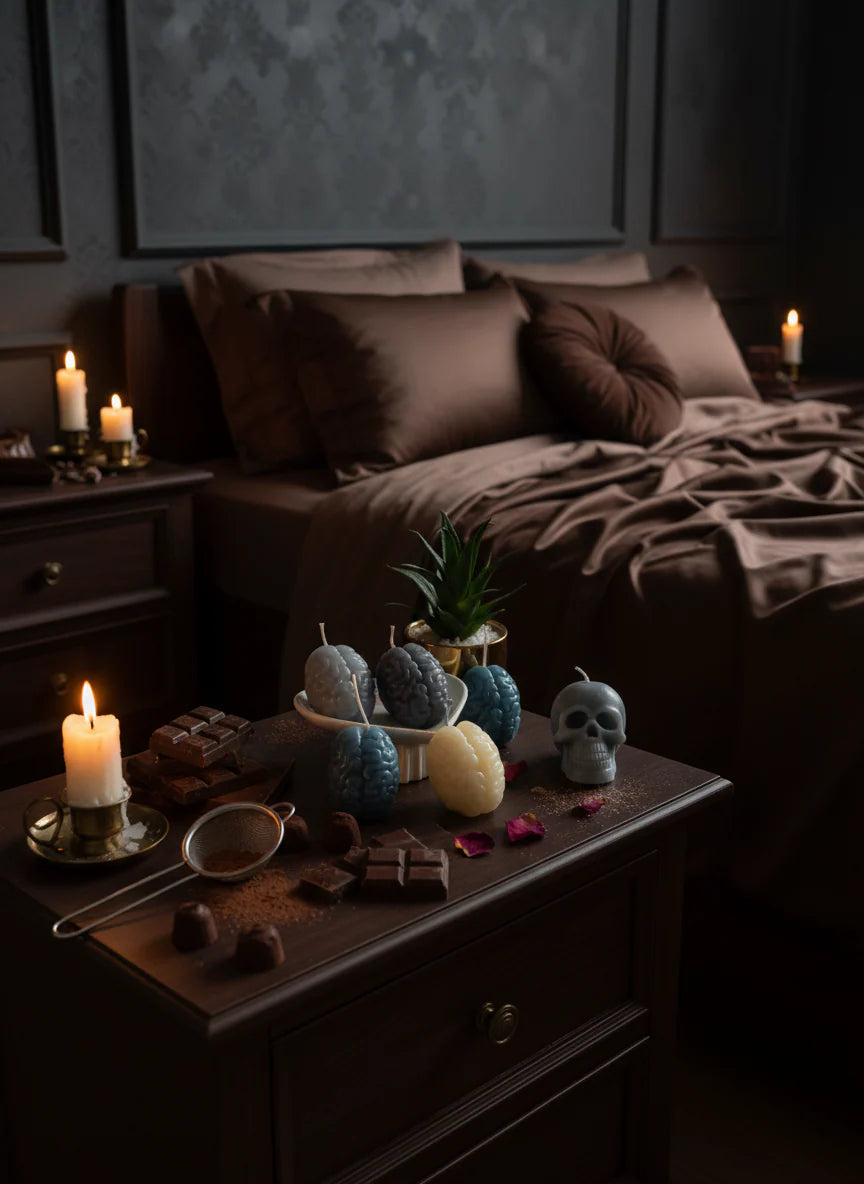 Dark bedroom with brain candles, chocolate, decorative skulls, and a bed.