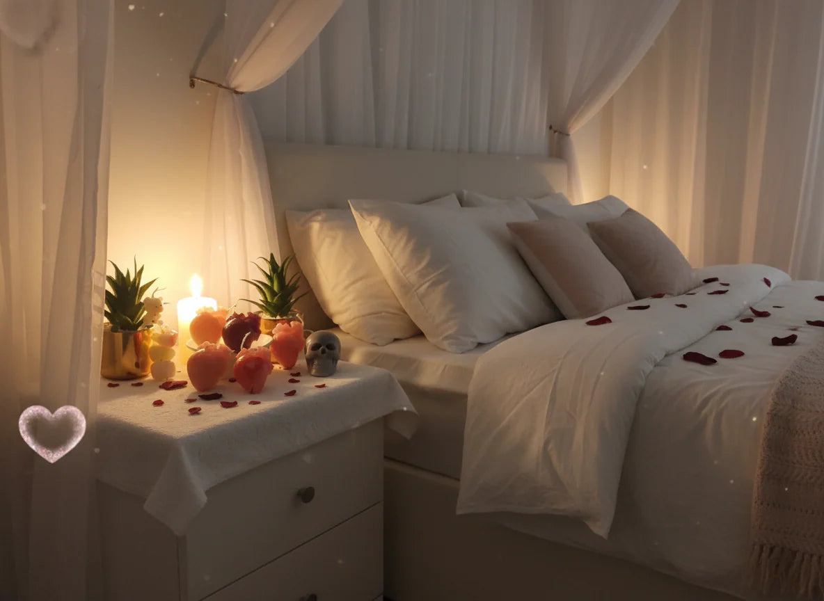 power outage off-the-grid theme -  arrangement of heart candles in bedroom on crawers